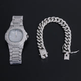 Hip Hop Gold Color Necklace +Watch+Bracelet Miami Curb Cuban Chain Iced Out Paved Rhinestones CZ Bling Rapper For Men Jewelry - TimelessGear9
