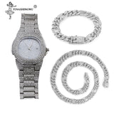 Hip Hop Gold Color Necklace +Watch+Bracelet Miami Curb Cuban Chain Iced Out Paved Rhinestones CZ Bling Rapper For Men Jewelry - TimelessGear9