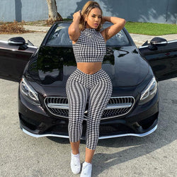 Houndstooth Printed Two Piece Women Set Sport Casual Outfit Summer - TimelessGear9