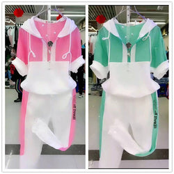 Women  Two Piece Set Summer New Slim Fashion Short Sleeve Hooded Sweater Leisure - TimelessGear9
