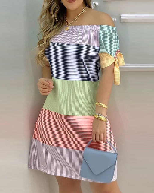 Women Striped Print Colorblock Off Shoulder Short Sleeve Street Daily Wear Summer Casual Dress Fashion - TimelessGear9