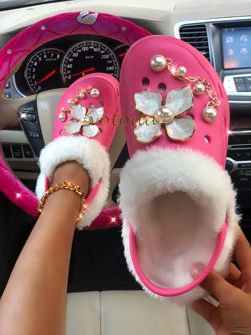 New Arrival Women Plush Clogs High Heel Furry Hole Shoes Thick Sole - TimelessGear9