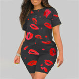 Plus Size 5XL Two Piece Set for Women  Summer Tracksuit Lips Short Sleeve - TimelessGear9