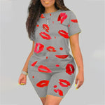 Plus Size 5XL Two Piece Set for Women  Summer Tracksuit Lips Short Sleeve - TimelessGear9