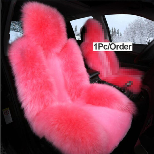 Car Front Seat Cover &amp; Fur Car Seat Steering Wheel Cover Pink Wool Winter Essential Universal Furry Fluffy Thick Faux - TimelessGear9