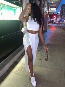 Summer Women Crop Top Long Skirts Two Piece Set White Party Club Wear Sexy Split Skirts Sets Casual Clothing - TimelessGear9