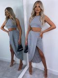 Summer Women Crop Top Long Skirts Two Piece Set White Party Club Wear Sexy Split Skirts Sets Casual Clothing - TimelessGear9