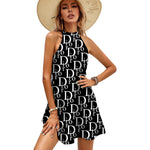 Mini Halter Dress 2022 Summer Letter Shoulder Tie Back Sleeveless Dresses Elegant Party Beach Sundress - TimelessGear9