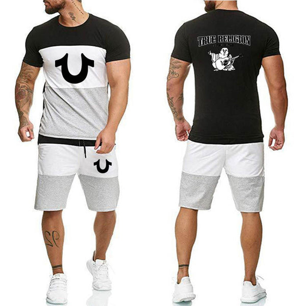 Religion Print Summer Suits Short Sleeve T-shirt and Shorts Suit Casual Striped Streetwear - TimelessGear9